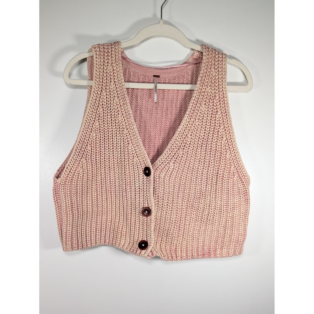 Free People Pink Marled Chunky Knit Cropped Sweater Vest Cardigan Womens Boho, L